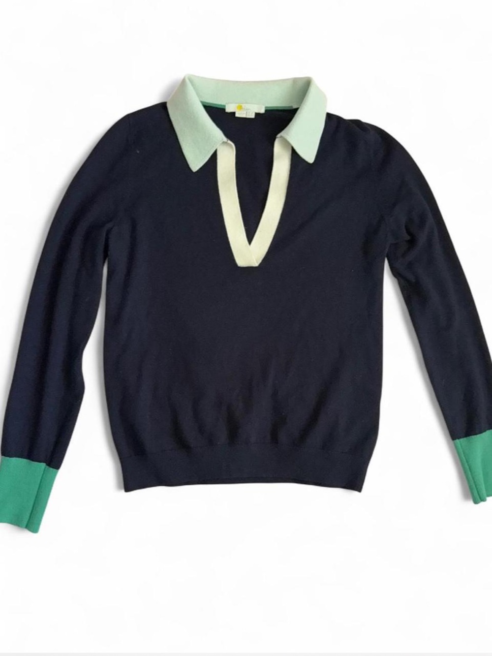 Boden V-Neck Polo Henley Sweater Wool Cotton Blend Size 4 Navy Green